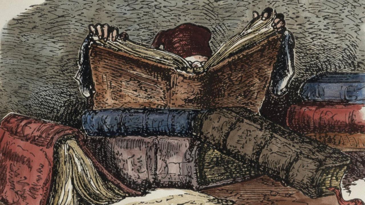 Das Gemälde zeigt einen Bücherstapel, hinter dem ein obsessiver Leser hinter den Büchern fast schon verschwunden ist Das Gemälde zeigt einen Bücherstapel, hinter dem ein obsessiver Leser hinter den Büchern fast schon verschwunden ist