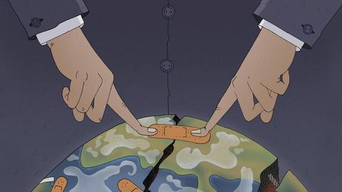 Illustration von zwei Händen, die versuchen die Risse in einem Globus mit Pflastern zu reparieren.