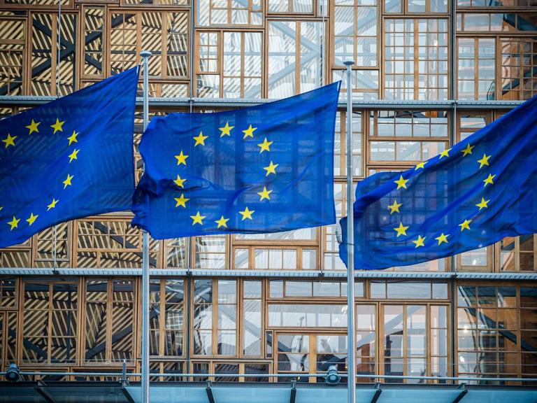 Flaggen der Europäischen Union wehen im Wind vor dem Europa-Gebäude in Brüssel.