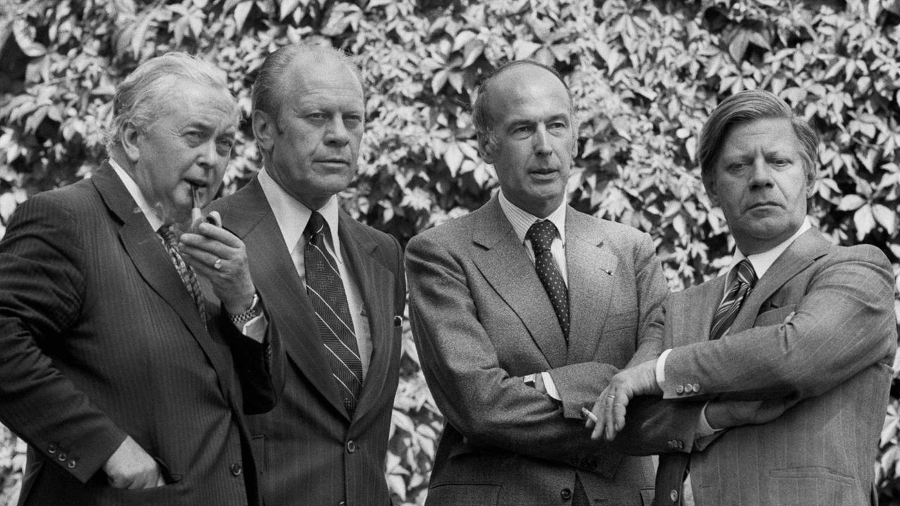 US-Präsident Gerald Ford, der britische Premierminister Harold Wilson, Frankreichs Präsident Valery Giscard d'Estaign und Bundeskanzler Helmut Schmidt in Helsinki