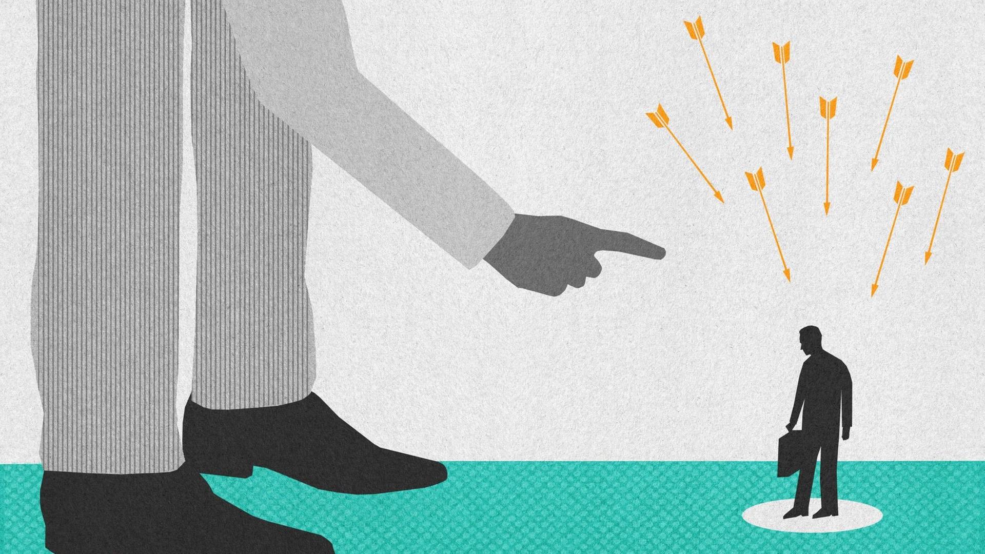 Grafik: Ein großer Mann ermahnt einen kleinen Mann mit einem Finger. Und auf den kleinen Mann sind lauter Feile gerichtet. Grafik: Ein großer Mann ermahnt einen kleinen Mann mit einem Finger. Und auf den kleinen Mann sind lauter Feile gerichtet.