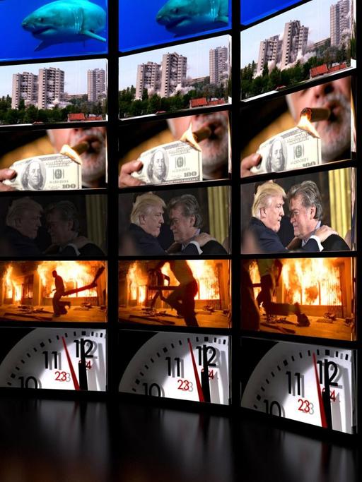 Mehrere neben- und übereinander angeordnete Monitore zeigen Filme von Steve Bannon im Werk von Jonas Staal, „ Steve Bannon: A Propaganda Retrospective, Study“ von 2018