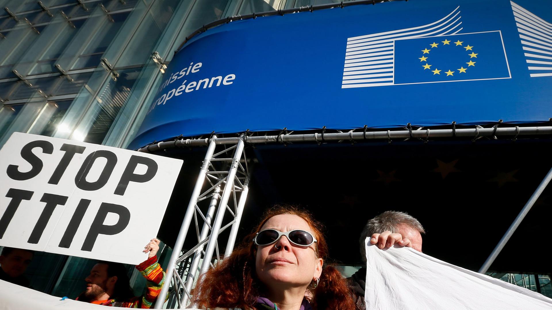 Aktivisten protestieren in Brüssel gegen das geplante Freihandelsabkommen.