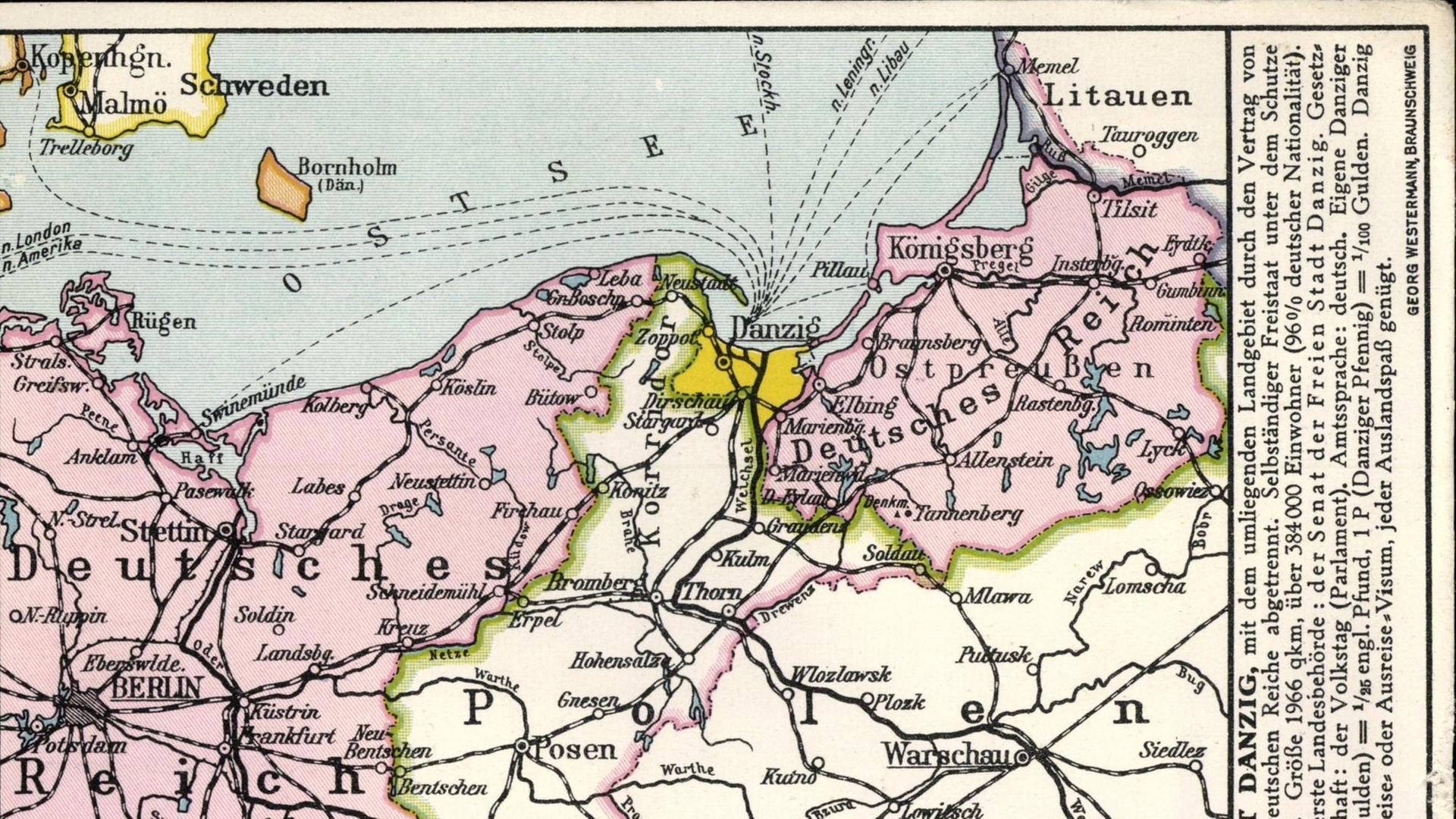 Eine historische Landkarte  zeigt die Ostsee um die hier gelb markierte "Freie Stadt Danzig"