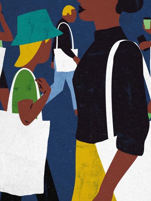 Illustration: Viele Leute tragen Einkaufstaschen.