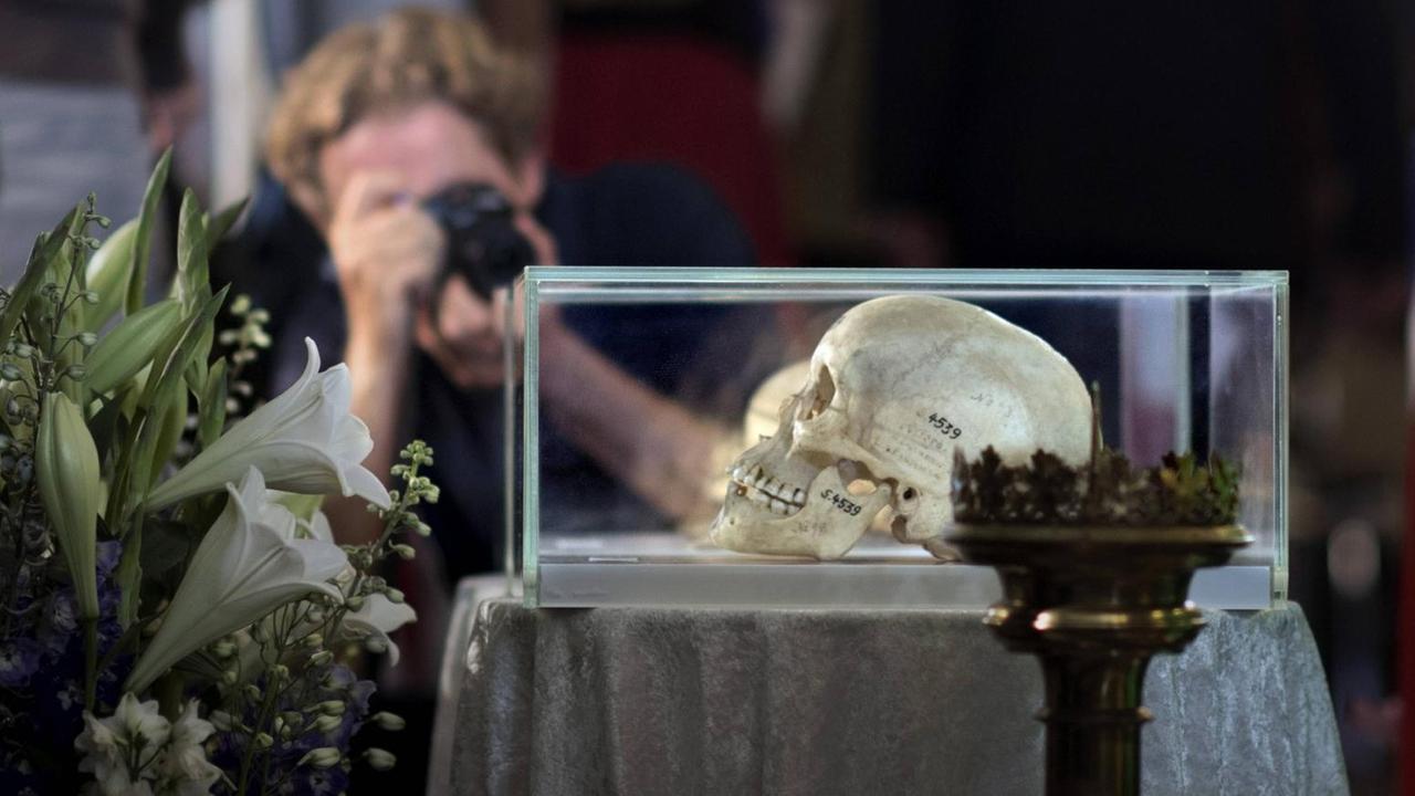 Return of stolen remains of Herero and Nama, Berlin DEU, Deutschland, Germany, Berlin, 29.08.2018 Schaedel in Vitrinen anlaesslich der Rueckgabe von Totenschaedel und Gebeinen nach Namibia waehrend deines Gedenkgottesdienstes der EKD und der namibischen Partnerkirchen und Zeremonie in der Franzoesischen Friedrichstadtkirche in Berlin. Das Gedenken ist zur Erinnerung an die afrikanischen Opfer von Versklavung, Kolonialismus und rassistischer Gewalt. Im Hintergrund steht die Forderung nach Anerkennung der Verbrechen gegen Schwarze Menschen und Menschen afrikanischer Herkunft Nachdruck zu verleihen. Die von Deutschland an den Herero und Nama begangenen Voelkermorde in Namibia und die Kriegsverbrechen in Tansania im Maji- Maji-Krieg warten immer noch auf offizielle Anerkennung. Sculls desplaced during a joint German and Namibian church and s Return of stolen remains of Herero and Nama, Berlin DEU, Deutschland, Germany, Berlin, 29.08.2018 Schaedel in Vitrinen anlaesslich der Rueckgabe von Totenschaedel und Gebeinen nach Namibia waehrend deines Gedenkgottesdienstes der EKD und der namibischen Partnerkirchen und Zeremonie in der Franzoesischen Friedrichstadtkirche in Berlin. Das Gedenken ist zur Erinnerung an die afrikanischen Opfer von Versklavung, Kolonialismus und rassistischer Gewalt. Im Hintergrund steht die Forderung nach Anerkennung der Verbrechen gegen Schwarze Menschen und Menschen afrikanischer Herkunft Nachdruck zu verleihen. Die von Deutschland an den Herero und Nama begangenen Voelkermorde in Namibia und die Kriegsverbrechen in Tansania im Maji- Maji-Krieg warten immer noch auf offizielle Anerkennung. Sculls desplaced during a joint German and Namibian church and s