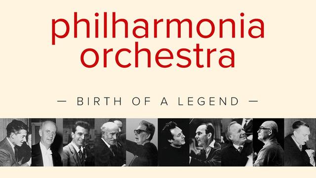 CD-Cover der Warner-Box "Birth of a Legend" zum 75.Geburtstag des Philharmonia Orchestra London. In der Mitte Portraitbilder großer Dirigenten, unten ihre Namen, etwa Karajan, Furtwängler und Toscanini.