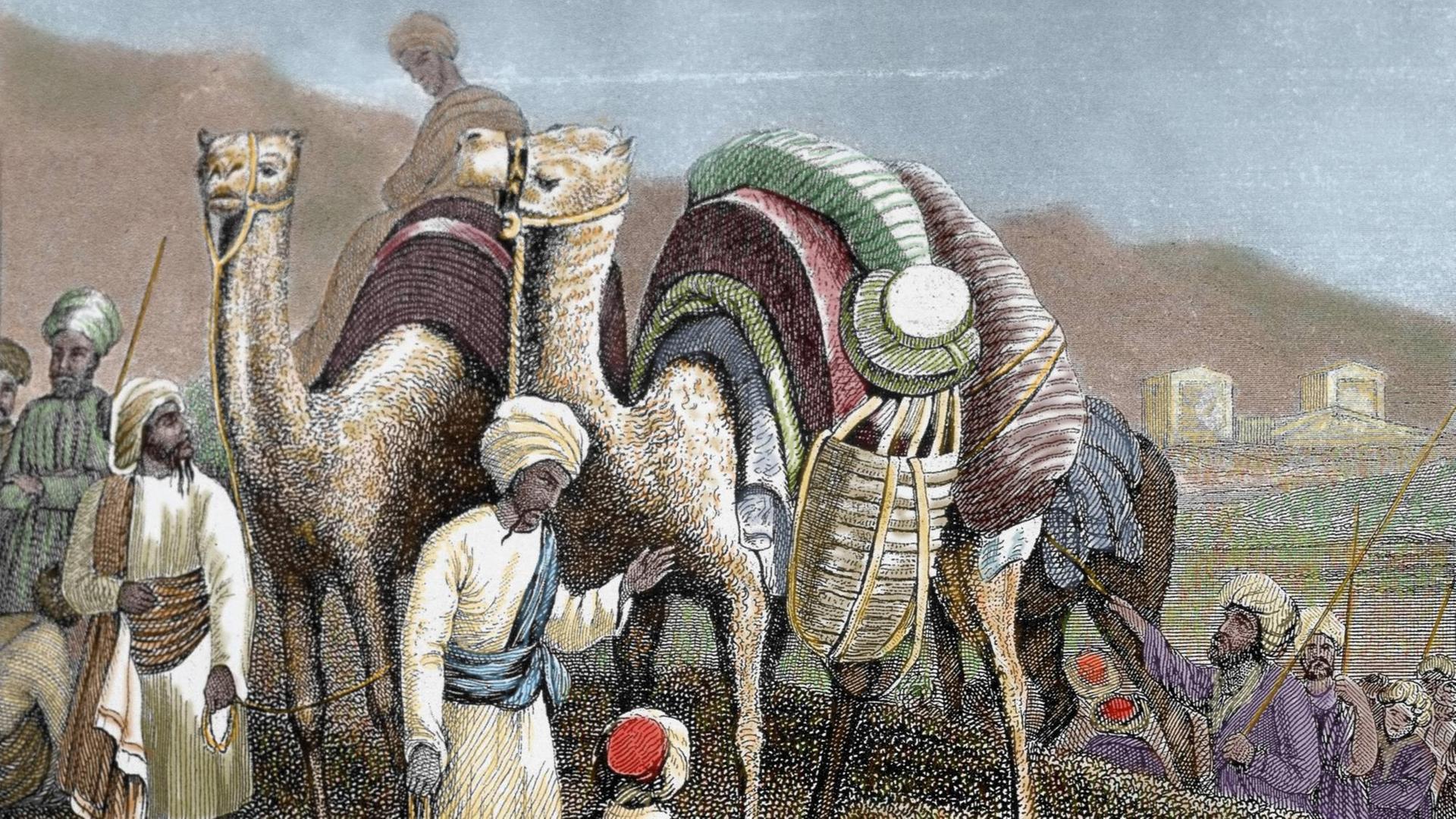 Eine Kamelkarawane rastet in Antiochien im antiken Syrien an der Seidenstraßenroute. Kolorierter Stich aus dem 19. Jahrhundert
