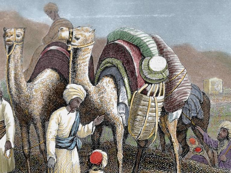 Eine Kamelkarawane rastet in Antiochien im antiken Syrien an der Seidenstraßenroute. Kolorierter Stich aus dem 19. Jahrhundert