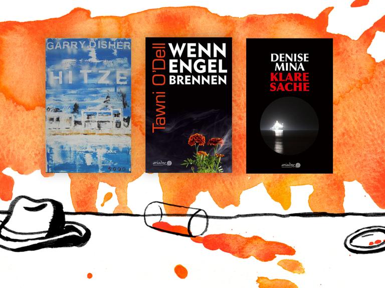 Coverabbildungen der drei besten Krimis im Oktober: Garry Dishers "Hitze", Tawni O'Dells "Wenn Engel brennen" und Denise Minas "Klare Sache".