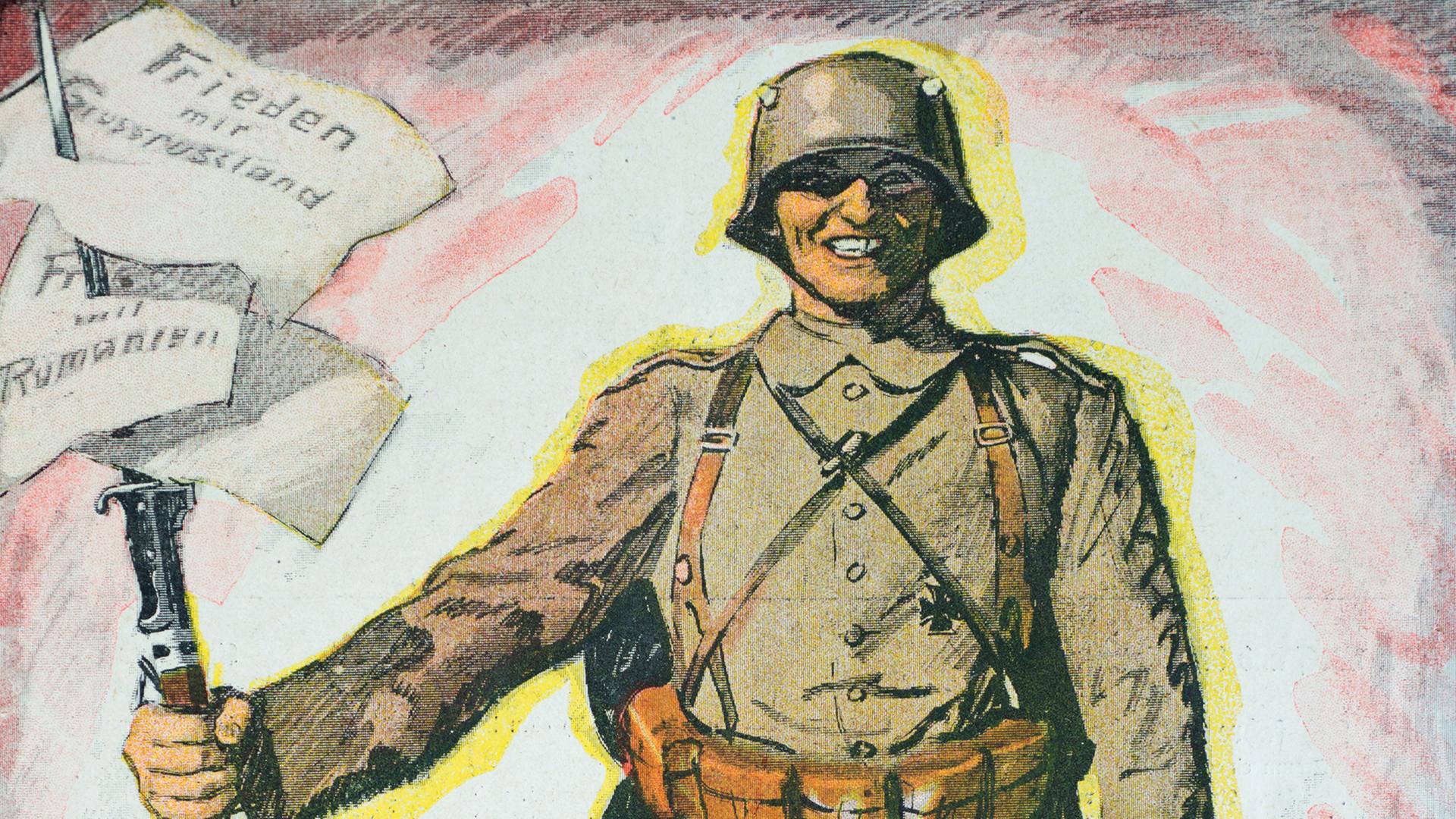 Die Umschlagseite der Zeitschrift "Lustige Blätter" 189. Kriegs-Nummer zeigt auf der Nr. 11 aus dem Jahr 1918 eine zeitgenössische Karikatur von Ernst Heilemann (1870-1938) zur Politik Deutschland im Krieg 1914-1918. Die Bildunterschrift unter der Abbildung eines Soldaten mit Waffe und Stahlhelm lautet: "Unser erfolgreichster Diplomat" - auf dem Bajonett sind Schriftstücke mit der Schrift "Frieden mit Grossrussland" und "Frieden mit Rumänine" aufgespiesst. Die Umschlagseite der Zeitschrift "Lustige Blätter" 189. Kriegs-Nummer zeigt auf der Nr. 11 aus dem Jahr 1918 eine zeitgenössische Karikatur von Ernst Heilemann (1870-1938) zur Politik Deutschland im Krieg 1914-1918. Die Bildunterschrift unter der Abbildung eines Soldaten mit Waffe und Stahlhelm lautet: "Unser erfolgreichster Diplomat" - auf dem Bajonett sind Schriftstücke mit der Schrift "Frieden mit Grossrussland" und "Frieden mit Rumänine" aufgespiesst.