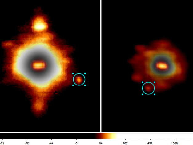 Zwei Aufnahmen mit dem Keck-II-Teleskop aus dem Juli 2006 und Oktober 2010 zeigen die Erdnuss-artige Form von Hektor sowie seinen Mond.