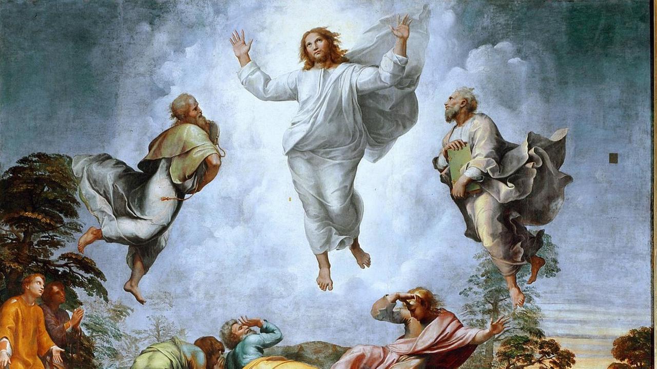 La transfiguration - Le Christ entoure des prophetes Moise et Elie et en dessous Saint Pierre, Saint Jean et Saint Jacques - Sous la montagnes les spectateurs de la scene montre du doigt - Un garcon epileptique est represente pendant une crise - Peinture de Raphael (Raffaello Sanzio 1483-1520), 1519, Dim. 405x278 cm - Pinacoteca Vaticana, Rome --- The Transfiguration - Painting by Raffaello Sanzio of Urbino, called Raphael (1483-1520), oil on panel, c. 1519-1520 - Vatican Museums and Galleries, Vatican City !AUFNAHMEDATUM GESCH La transfiguration - Le Christ entoure des prophetes Moise et Elie et en dessous Saint Pierre, Saint Jean et Saint Jacques - Sous la montagnes les spectateurs de la scene montre du doigt - Un garcon epileptique est represente pendant une crise - Peinture de Raphael (Raffaello Sanzio 1483-1520), 1519, Dim. 405x278 cm - Pinacoteca Vaticana, Rome --- The Transfiguration - Painting by Raffaello Sanzio of Urbino, called Raphael (1483-1520), oil on panel, c. 1519-1520 - Vatican Museums and Galleries, Vatican City !AUFNAHMEDATUM GESCH
