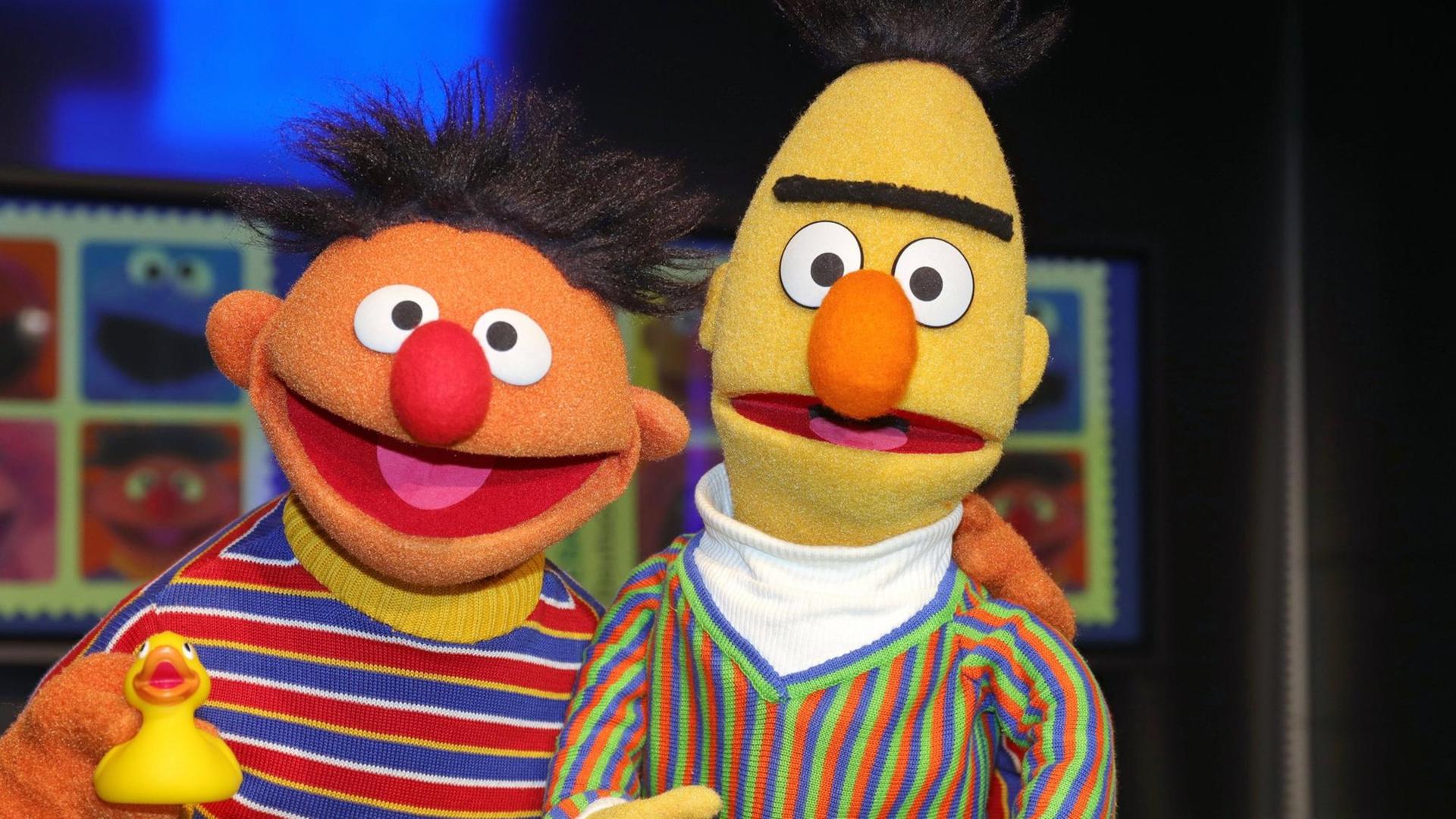 Ernie aus der Sesamstrasse hat den Arm um Bert gelegt und ein Quietscheentchen in der Hand.