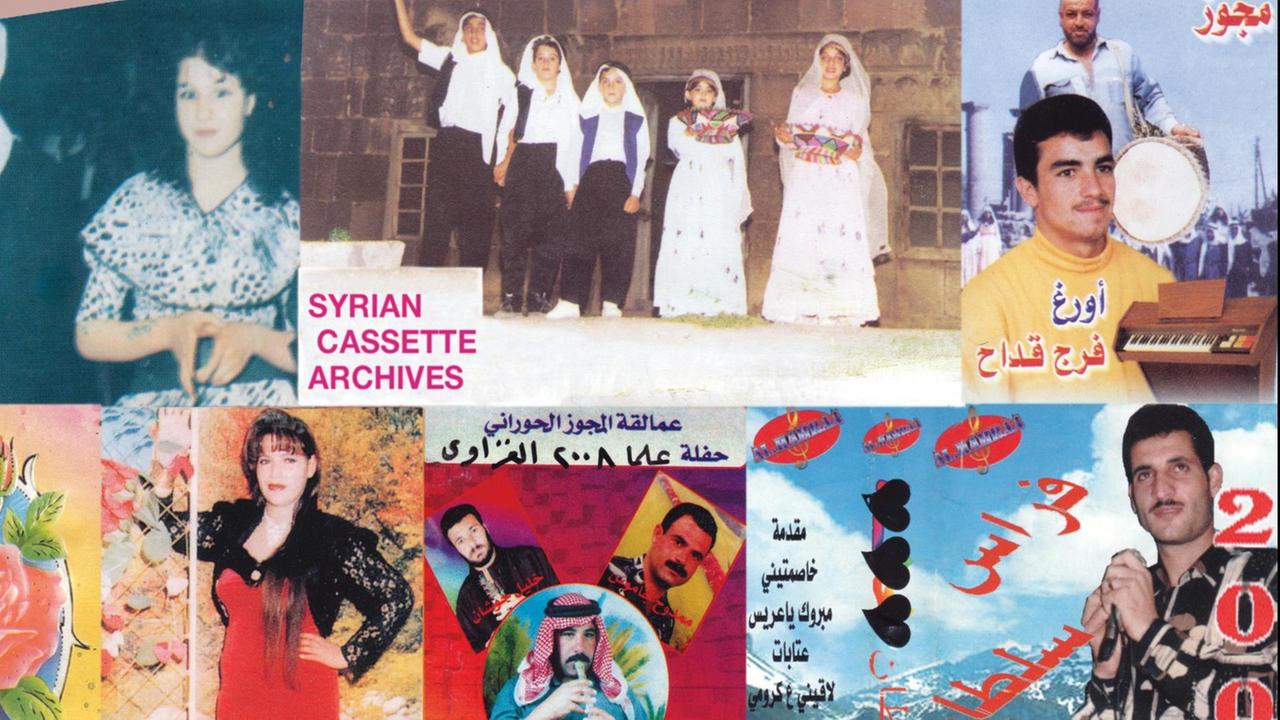 Kassetten-Cover aus der Sammlung von Mark Gergis, An einer Stelle steht Syrian Cassette Archive geschrieben. Kassetten-Cover aus der Sammlung von Mark Gergis, An einer Stelle steht Syrian Cassette Archive geschrieben.