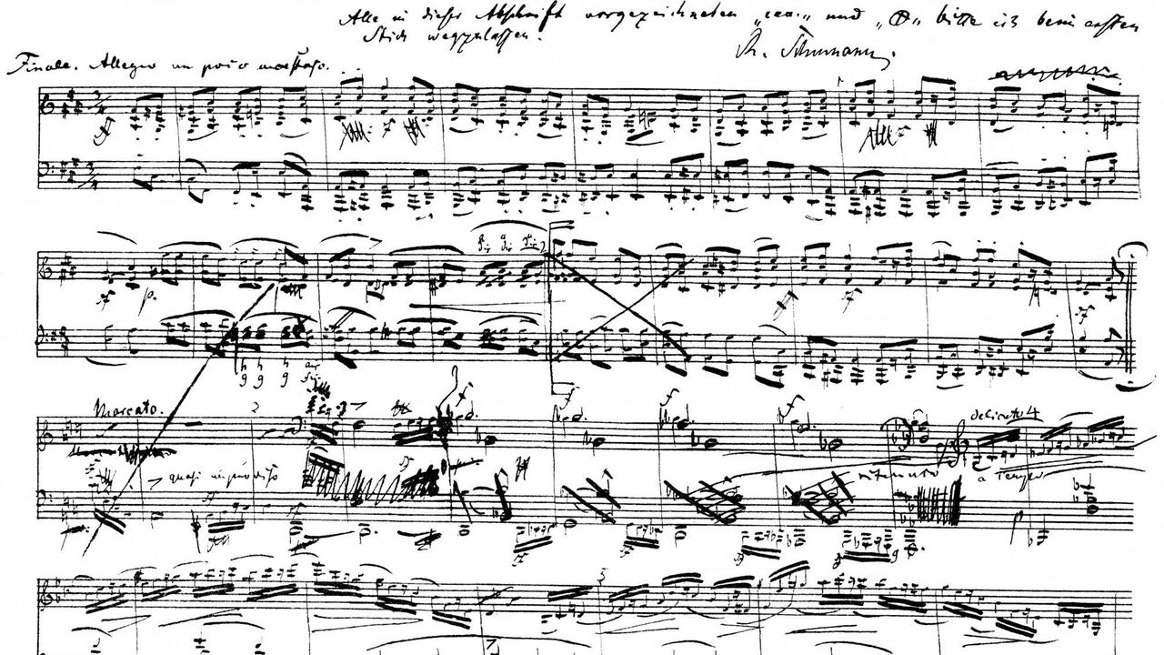 Die Notenhandschrift von Robert Schumann, hier zu sehen, Beginn des Finale der Sonate Nr. 1 Op. 11 Die Notenhandschrift von Robert Schumann, hier zu sehen, Beginn des Finale der Sonate Nr. 1 Op. 11