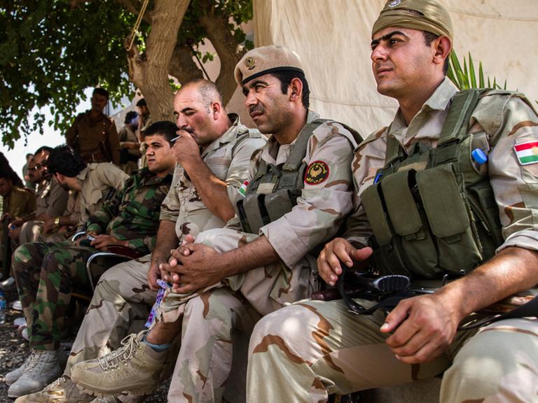 Zu sehen sind kurdische Kämpfer in Uniform mit Waffen.