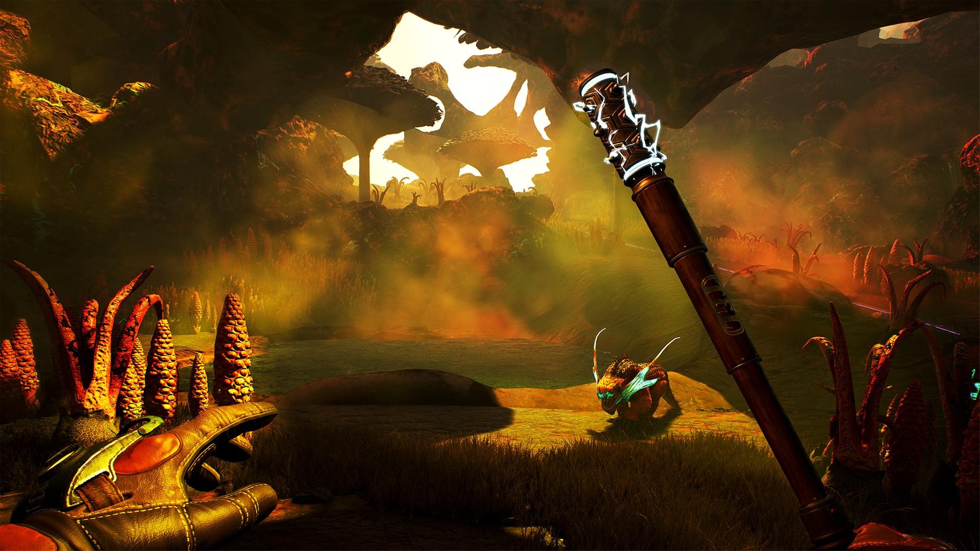 Zu sehen ist ein Ausschnitt aus dem Computerspiel "The Outer Worlds". Der Spieler blickt aus der Ego-Perspektive auf eine magische Welt Zu sehen ist ein Ausschnitt aus dem Computerspiel "The Outer Worlds". Der Spieler blickt aus der Ego-Perspektive auf eine magische Welt