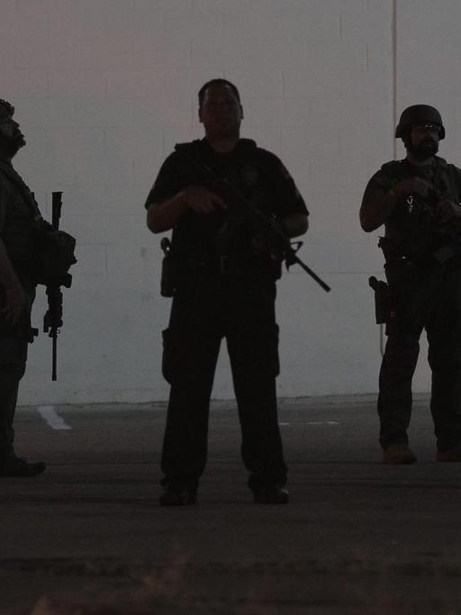 Silhouetten von schwer bewaffneten Polizisten vor einer grauen Wand.