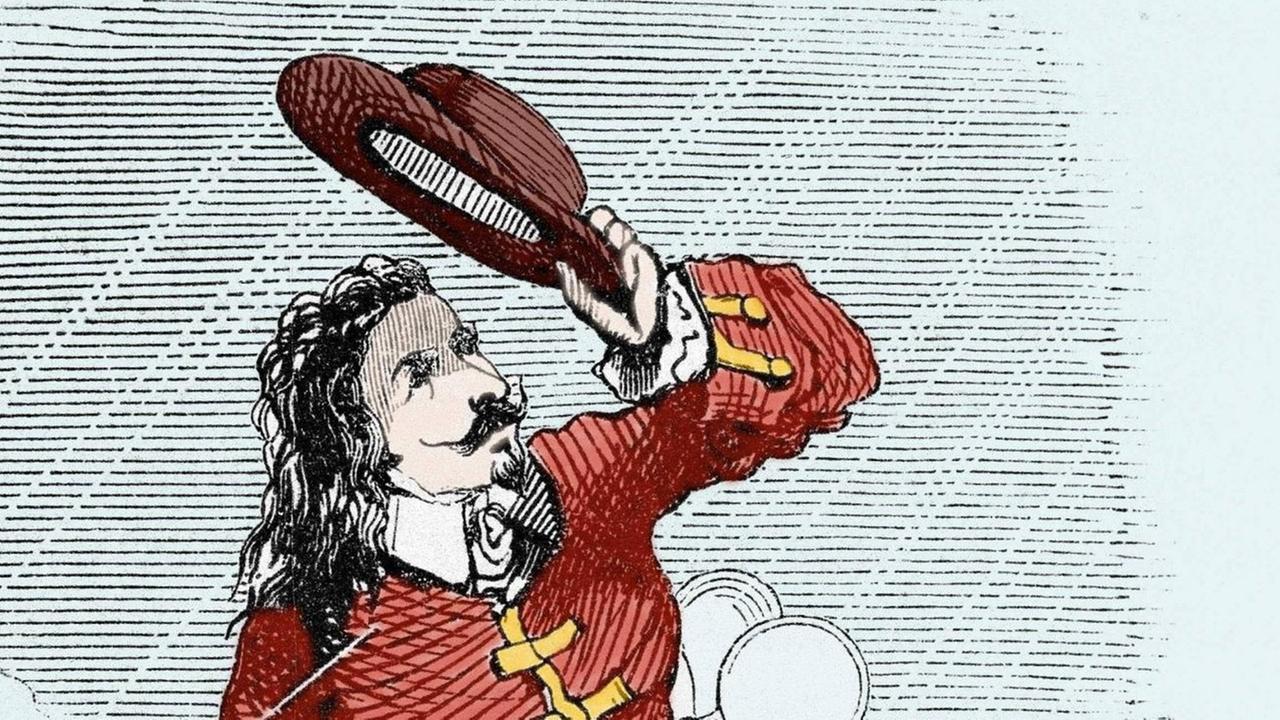 Cyrano de Bergerac fliegt über den Himmel und zieht den Hut. Cyrano de Bergerac fliegt über den Himmel und zieht den Hut.