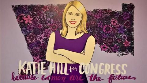 Ein Wahlkampf-Poster von Katie Hill aus Kalifornien, die für die Demokraten ins US-Abgeordnetenhaus einziehen will. Das Bild zeigt ein gemaltes lila Portrait der Kandidatin vor Blumen.
