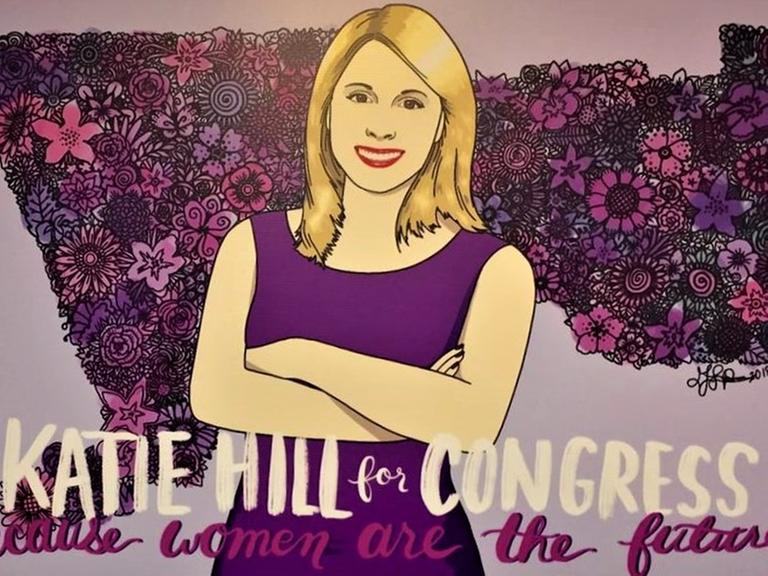 Ein Wahlkampf-Poster von Katie Hill aus Kalifornien, die für die Demokraten ins US-Abgeordnetenhaus einziehen will. Das Bild zeigt ein gemaltes lila Portrait der Kandidatin vor Blumen.