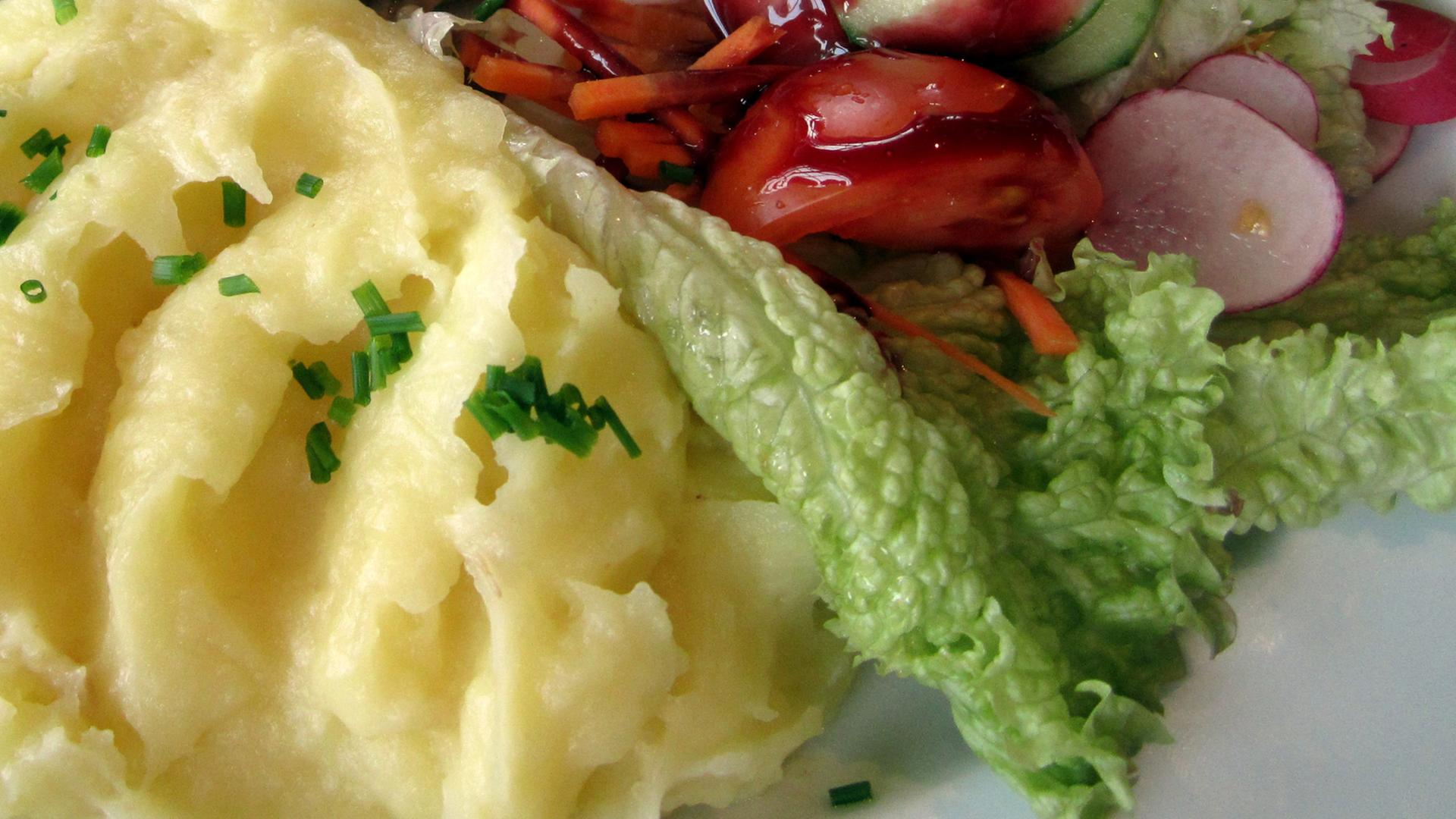 Kartoffelpüree und Salat auf einem Teller.