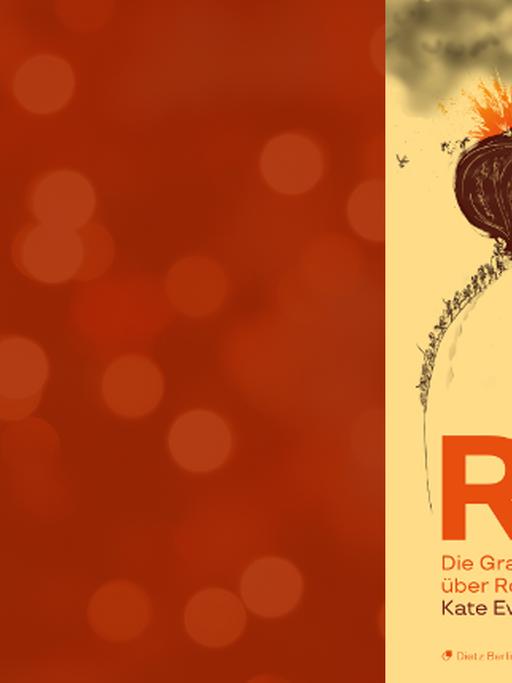 Das Buchcover zeigt eine nach vorne gebeugte Rosa Luxemberg, auf ihrem Rücken marschieren Miniatursoldaten, auf ihrem Kopf explodieren Bomben, die kleine Flugzeuge abwerfen.
