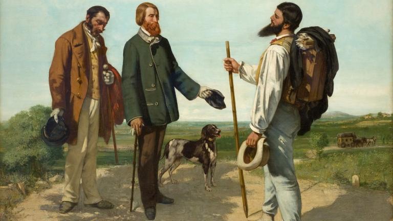 Ein Gemälde des Malers Gustave Courbet. Auf einem Wanderweg treffen 3 Wanderer in Begleitung eines kleinen Hundes aufeinander. Ein Gemälde des Malers Gustave Courbet. Auf einem Wanderweg treffen 3 Wanderer in Begleitung eines kleinen Hundes aufeinander.