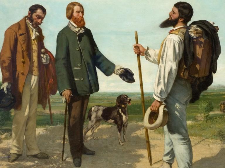 Ein Gemälde des Malers Gustave Courbet. Auf einem Wanderweg treffen 3 Wanderer in Begleitung eines kleinen Hundes aufeinander.