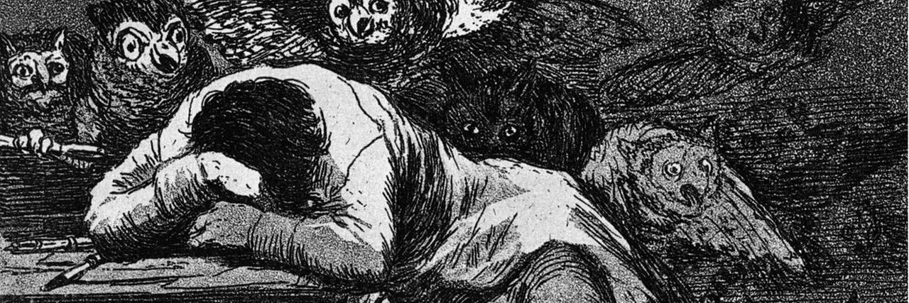 Der Ausschnitt aus Goyas Radierung zeigt die schwarze Katze, die hinter dem schlafenden Mann hervorblickt, ihre Augen auf den Betrachter gerichtet