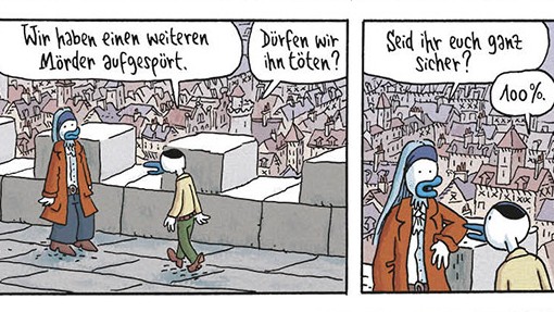 In dem Comic unterhalten sich zwei Enten über einen aufgespürten Mörder. In dem Comic unterhalten sich zwei Enten über einen aufgespürten Mörder.