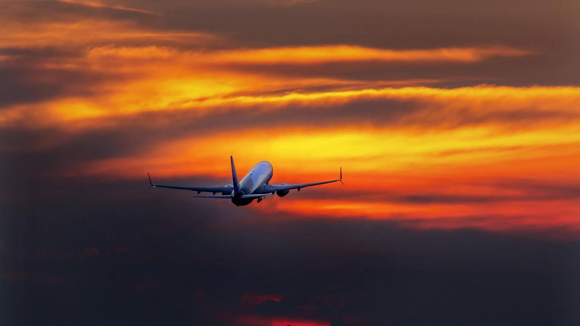 Ein Flugzeug fliegt der Morgensonne entgegen.