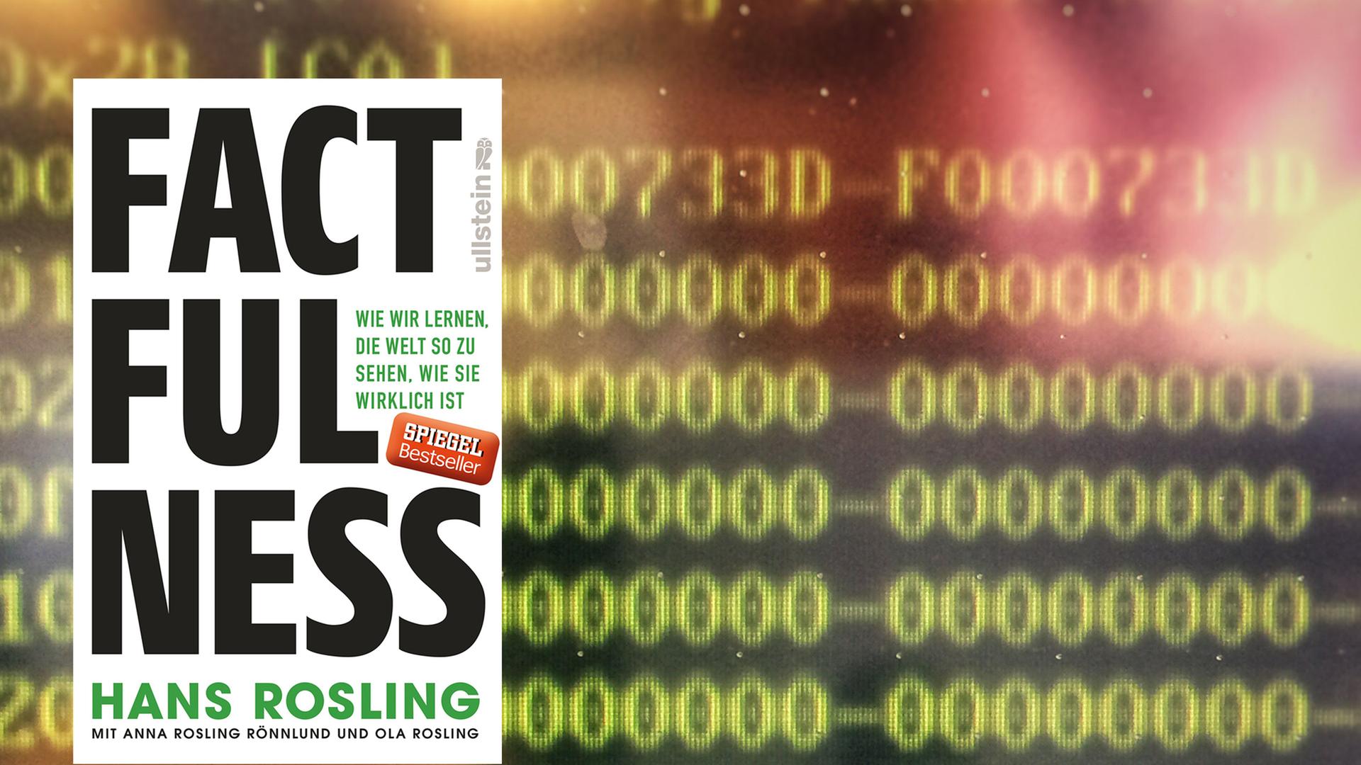 Buchcover: "Factfulness" vor dem Hintergrund eines ASCI-Codes auf einem Computerbildschirm