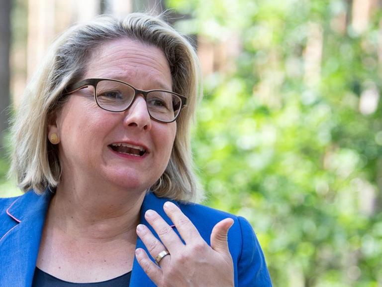 Svenja Schulze (SPD), Ministerin für Umwelt, Naturschutz und nukleare Sicherheit, steht in der Rochauer Heide in einem kommunalen Wald