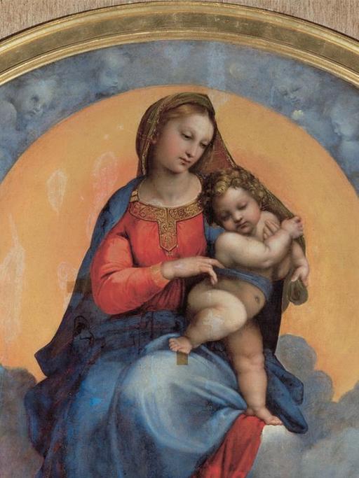Zu sehen ist das Marienbildnis "Madonna die Foligno"des italienischen Künstlers Raffael aus dem Jahr 1511-1512.