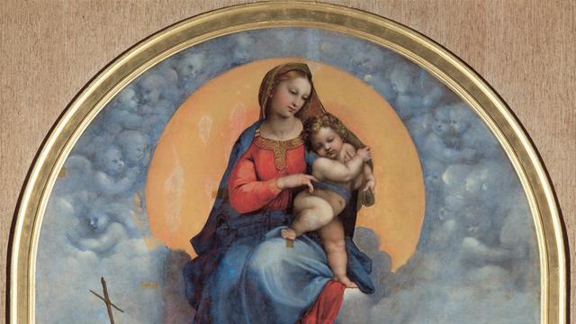 Zu sehen ist das Marienbildnis "Madonna die Foligno"des italienischen Künstlers Raffael aus dem Jahr 1511-1512.
