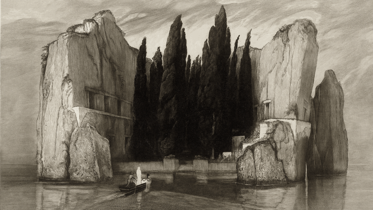 Die Toteninsel, Zeichnung von Max Klinger nach Arnold Böcklin