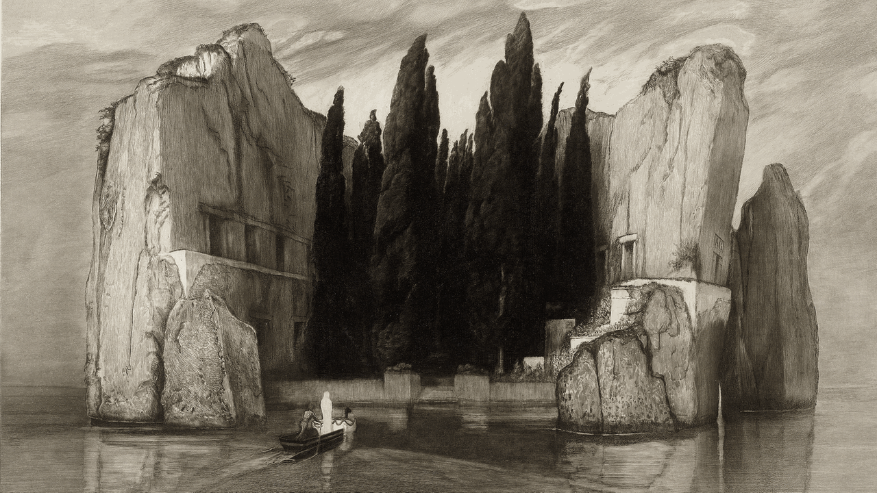 Die Toteninsel, Zeichnung von Max Klinger nach Arnold Böcklin Die Toteninsel, Zeichnung von Max Klinger nach Arnold Böcklin