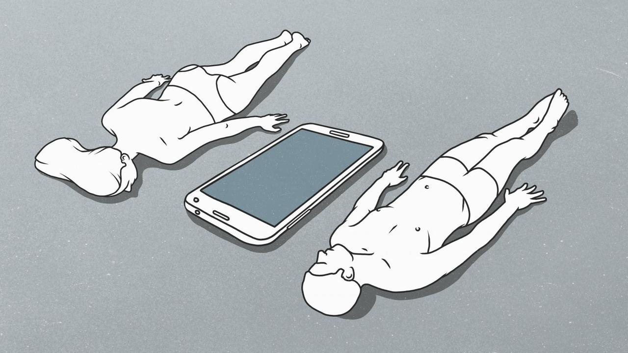 Illustration von zwei Menschen, ein Mann und eine Frau, sie liegen zwischen einem lebensgroßem Smartphone. Illustration von zwei Menschen, ein Mann und eine Frau, sie liegen zwischen einem lebensgroßem Smartphone.