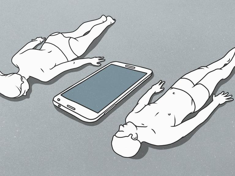 Illustration von zwei Menschen, ein Mann und eine Frau, sie liegen zwischen einem lebensgroßem Smartphone.