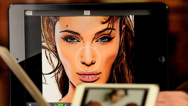 Ein Bildschirm mit der Vorstufe einer Bildverschlüsselungssoftware, zu sehen ein Frauengesicht.