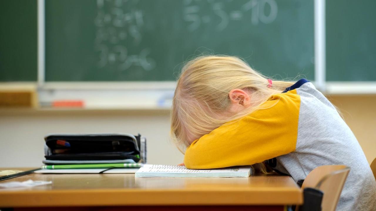 Ein Schulkind schläft auf seinen Schulunterlagen. Ein Schulkind schläft auf seinen Schulunterlagen.