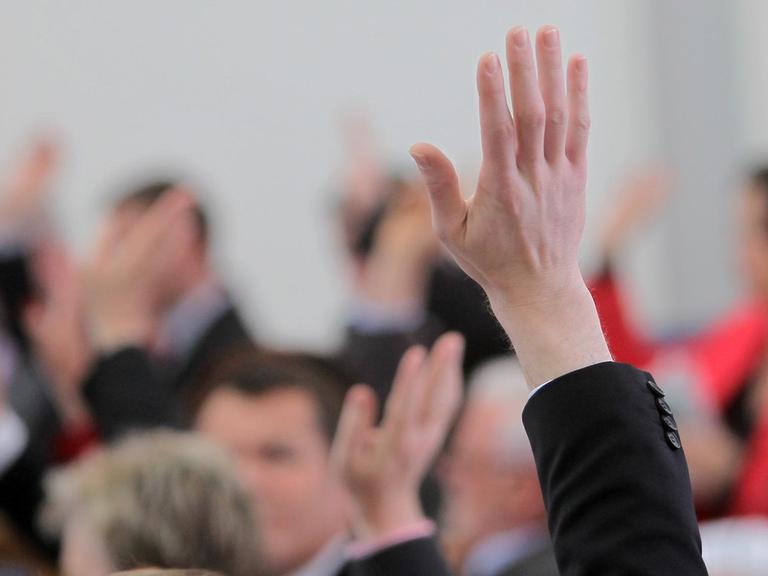 Die rheinland-pfälzischen Abgeordneten stimmen am 27.03.2014 im Landtag in Mainz (Rheinland-Pfalz) mit Handzeichen über das Kommunalwahlgesetz ab.