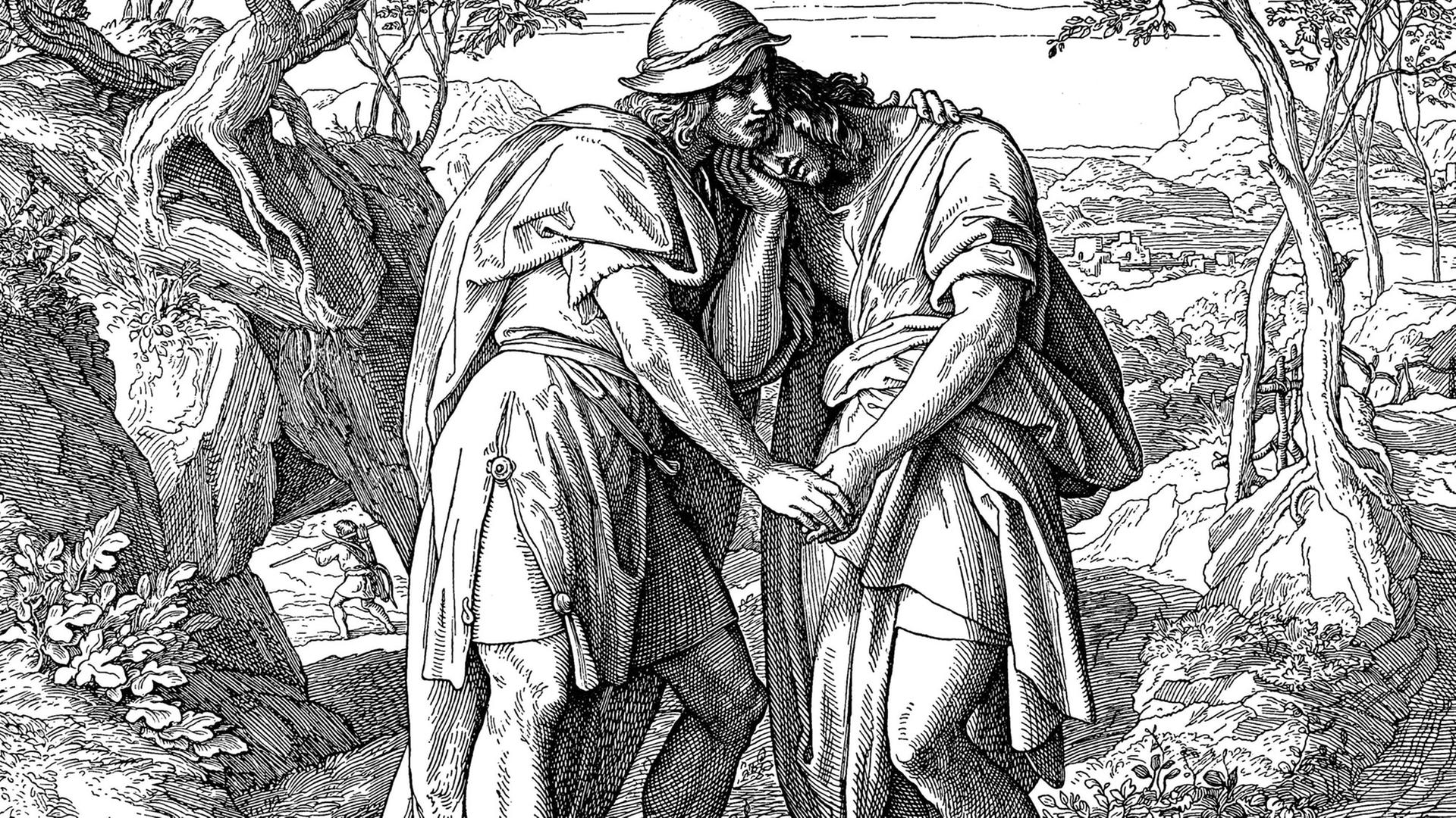 Holzschnitt, David und Jonathan, 1. Buch Samuel, 20, 41, Altes Testament, Katholische Bilder-Bibel Holzschnitt, David und Jonathan, 1. Buch Samuel, 20, 41, Altes Testament, Katholische Bilder-Bibel