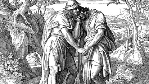 Holzschnitt, David und Jonathan, 1. Buch Samuel, 20, 41, Altes Testament, Katholische Bilder-Bibel