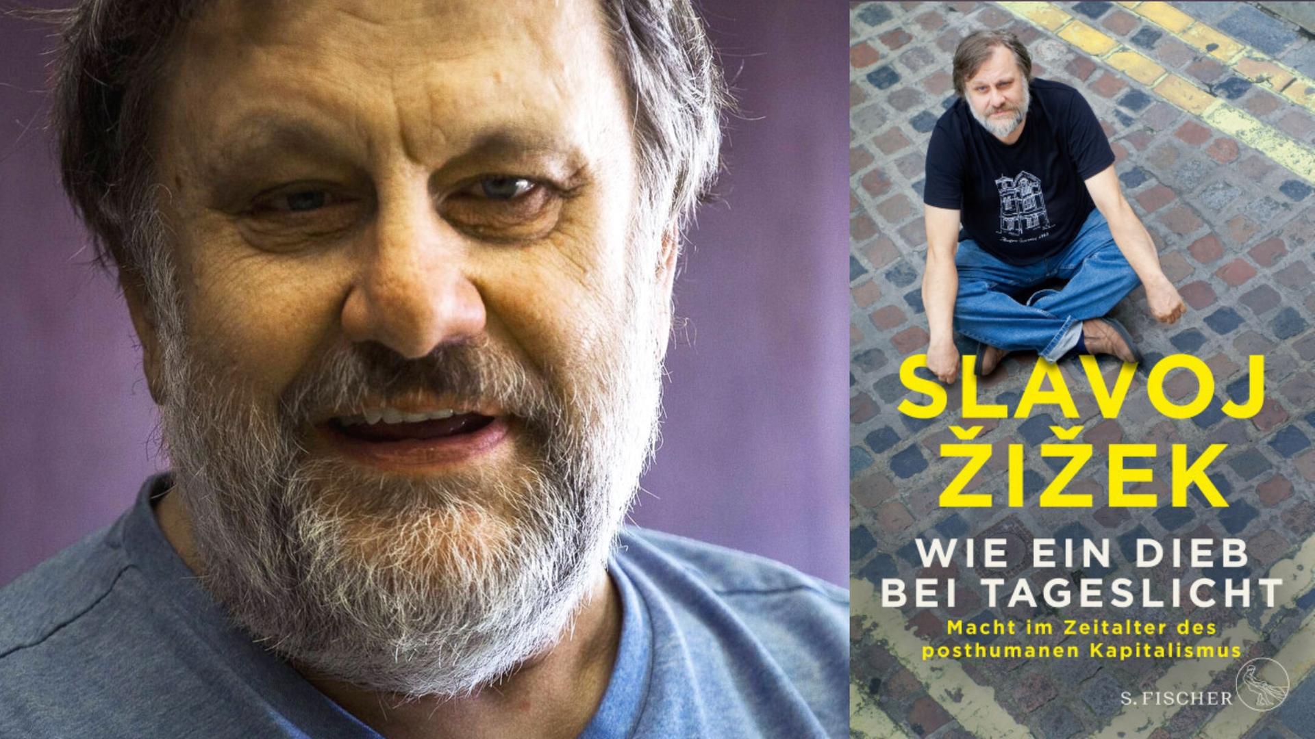 Zu sehen ist der Autor Slavoj Žižek und sein Buch "Wie ein Dieb bei Tageslicht"