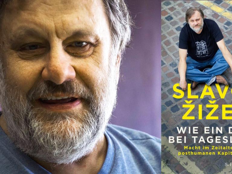 Zu sehen ist der Autor Slavoj Žižek und sein Buch "Wie ein Dieb bei Tageslicht"