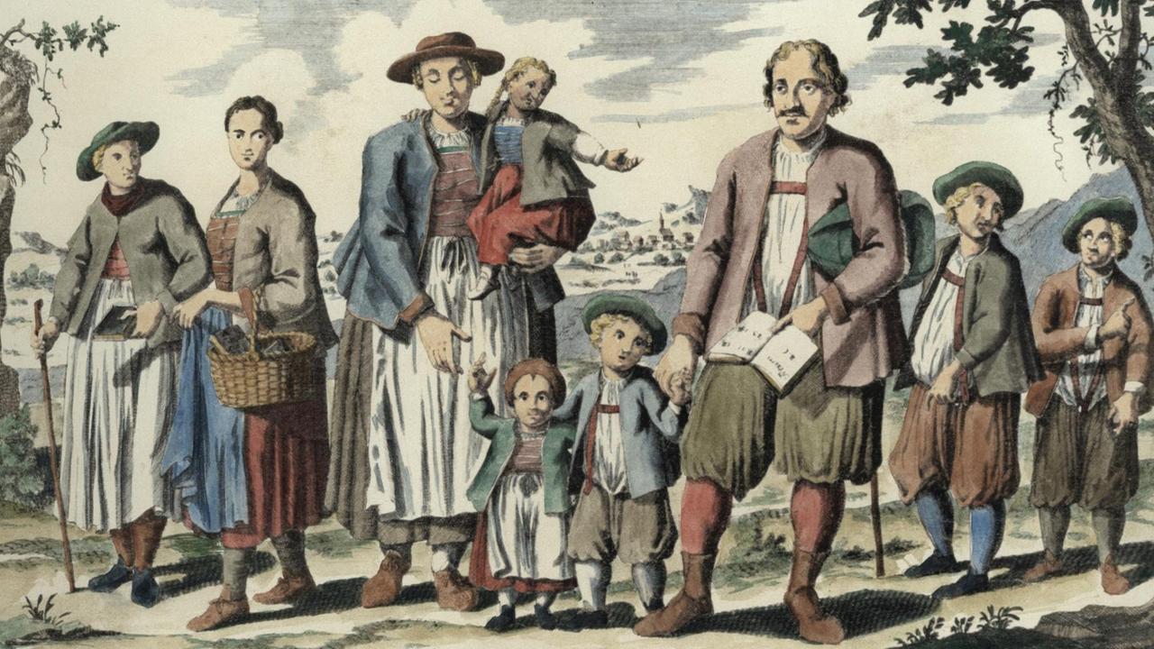 Salzburger Emigranten 1731/32. Vertreibung von 20.000 Protestanten aus dem Erzbistum Salzburg. “Hans Gruber hat nebst Weib und 7 Kindern einen Paß erhalten und den 27. September 1732 seine Emigration angetreten”. Kupferstich von Elias Baeck (1679-1747). Salzburger Emigranten 1731/32. Vertreibung von 20.000 Protestanten aus dem Erzbistum Salzburg. “Hans Gruber hat nebst Weib und 7 Kindern einen Paß erhalten und den 27. September 1732 seine Emigration angetreten”. Kupferstich von Elias Baeck (1679-1747).