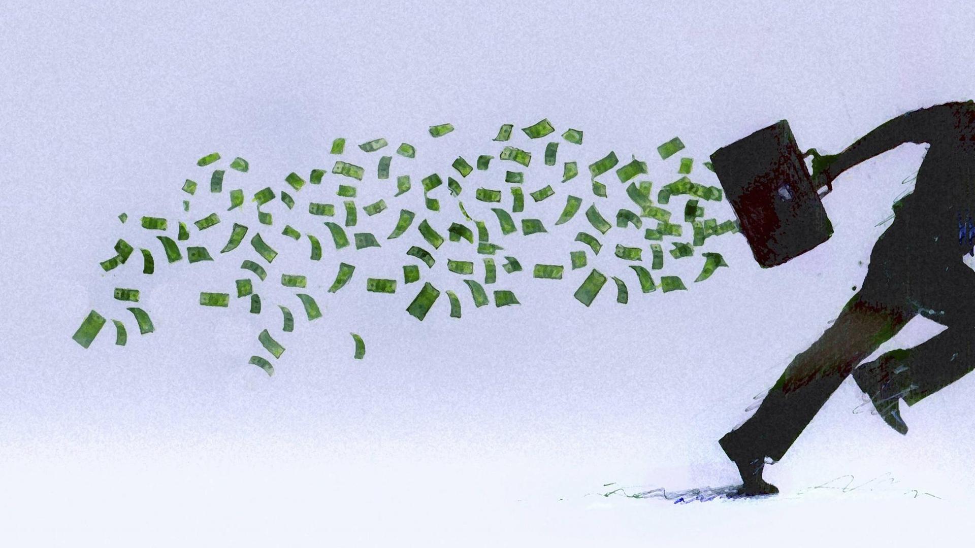 Geld fliegt aus der Aktentasche eines laufenden Geschäftsmannes. Geld fliegt aus der Aktentasche eines laufenden Geschäftsmannes.